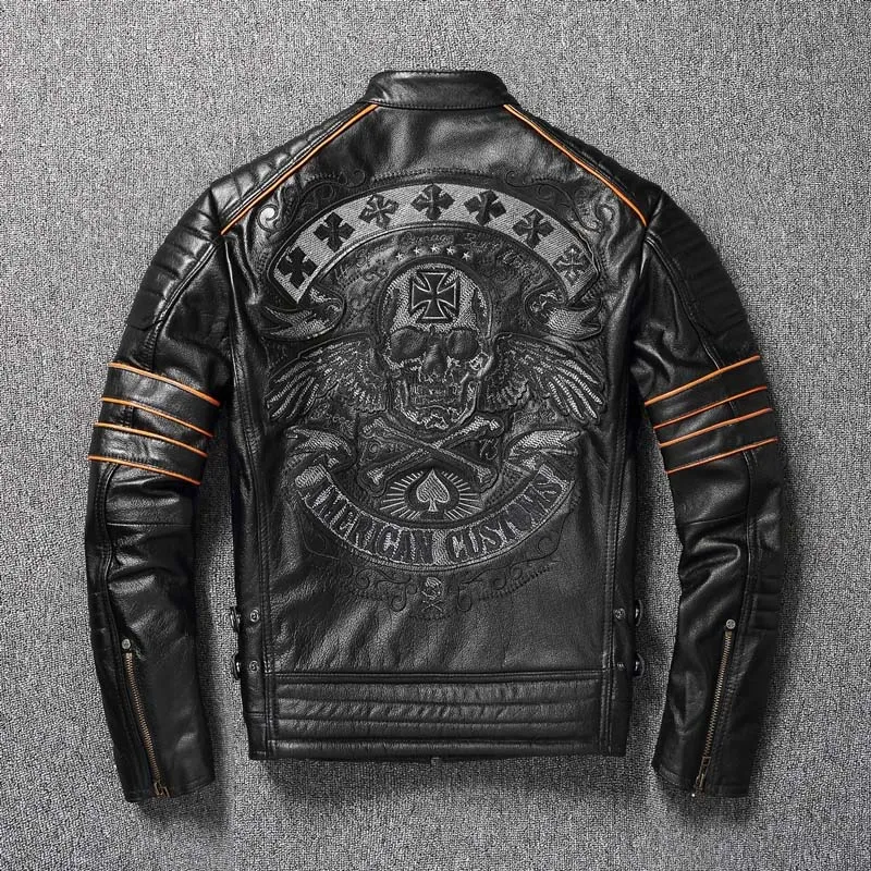 Embroidery Skull Motorcycle Leather Jacket