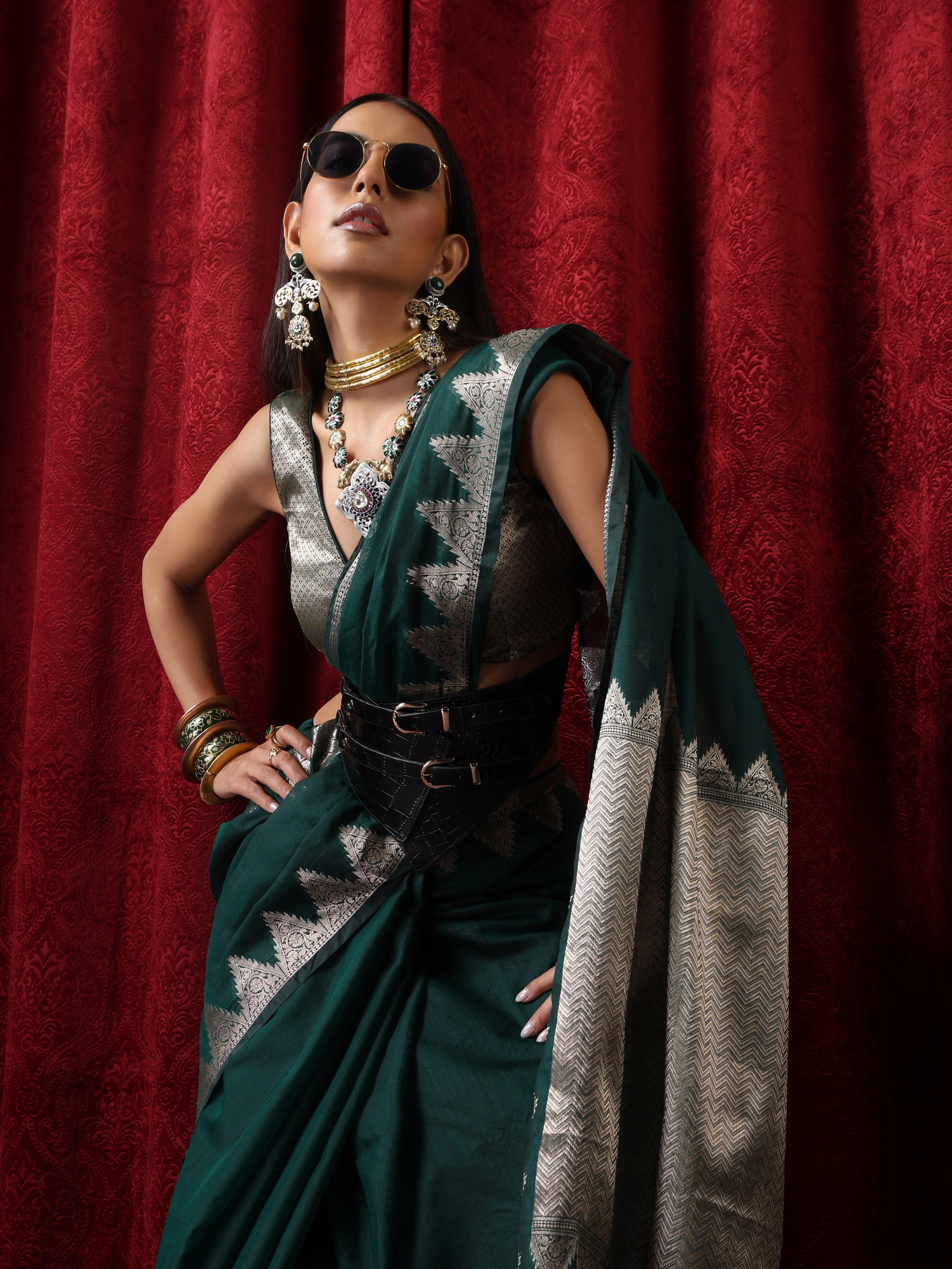 Emerald Temple Pure Silk Saree with Blouse Fabric