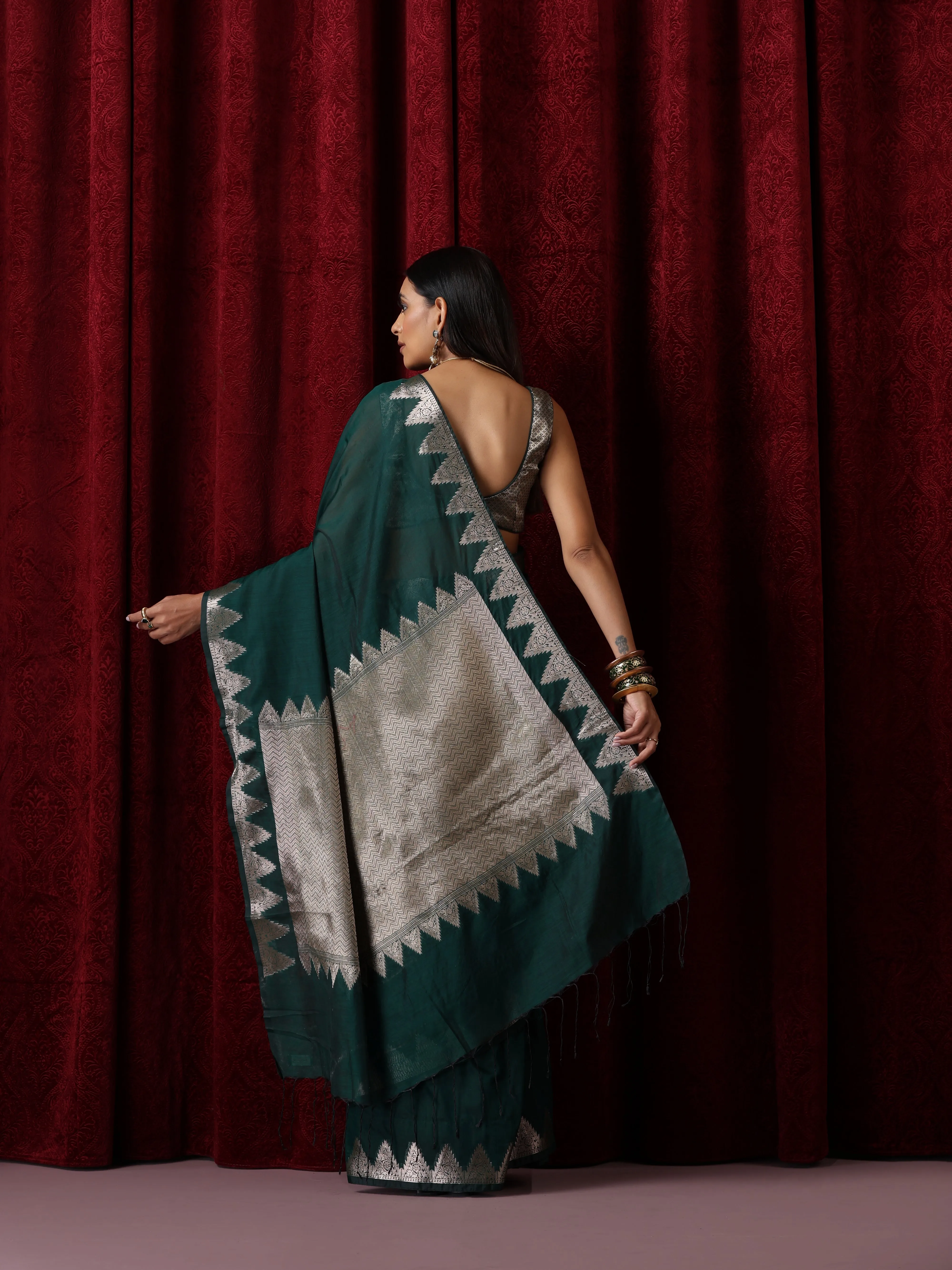 Emerald Temple Pure Silk Saree with Blouse Fabric