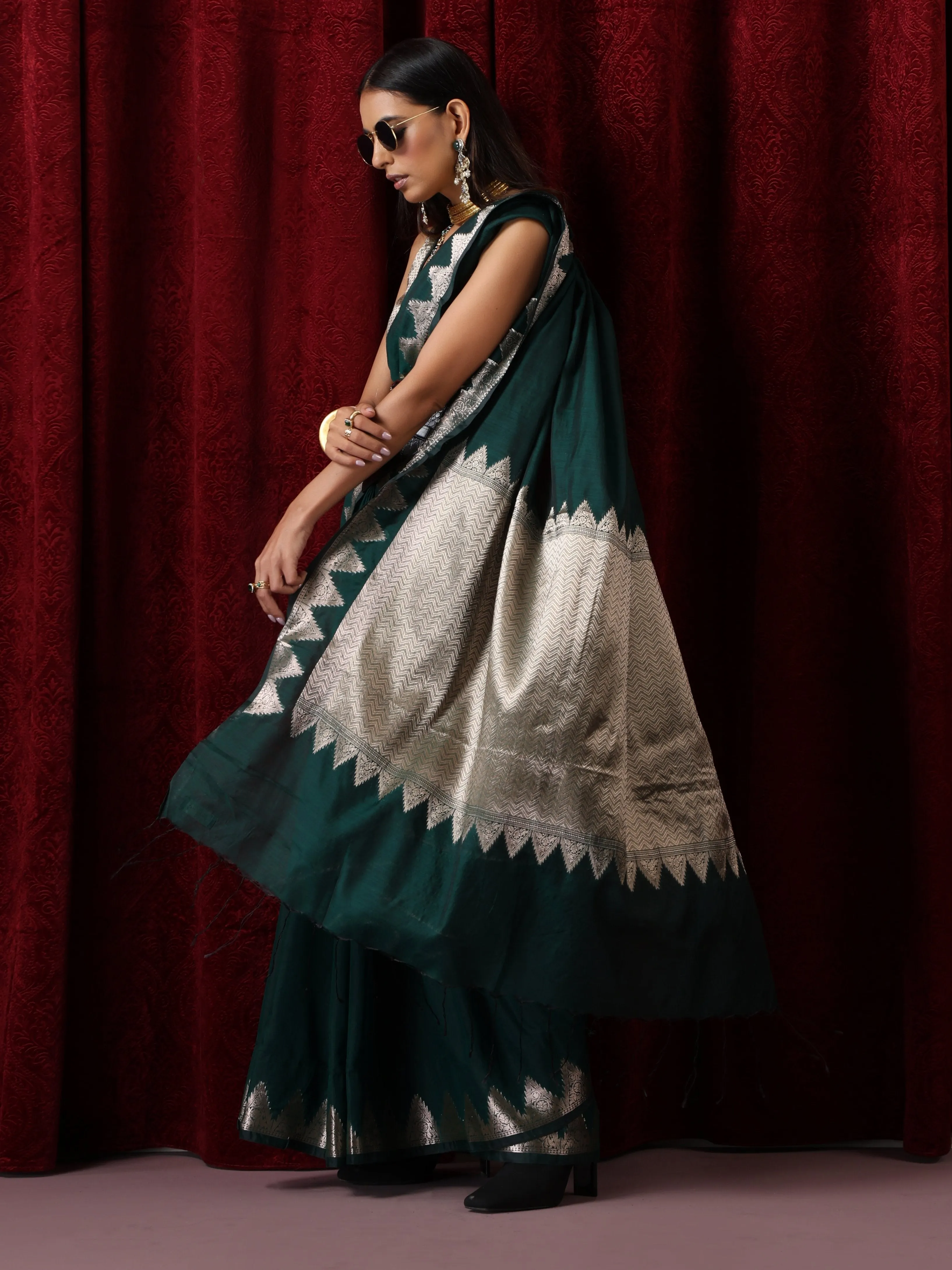 Emerald Temple Pure Silk Saree with Blouse Fabric
