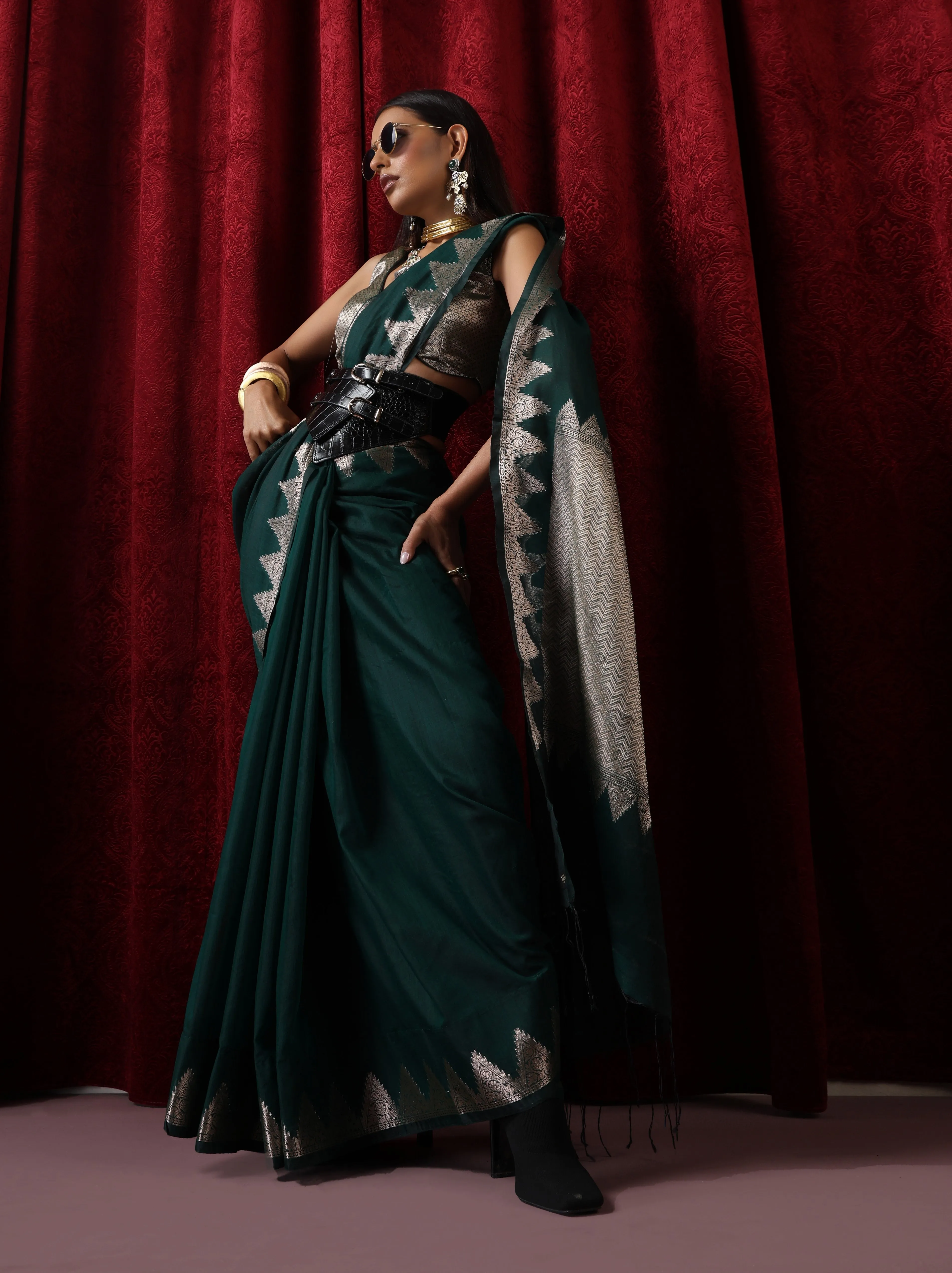 Emerald Temple Pure Silk Saree with Blouse Fabric