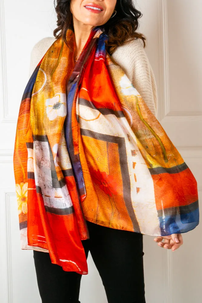 Flower Print Red Silk Scarf