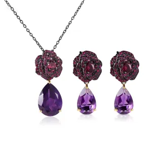 Flower Rose Natural Amethyst Jewelry Set