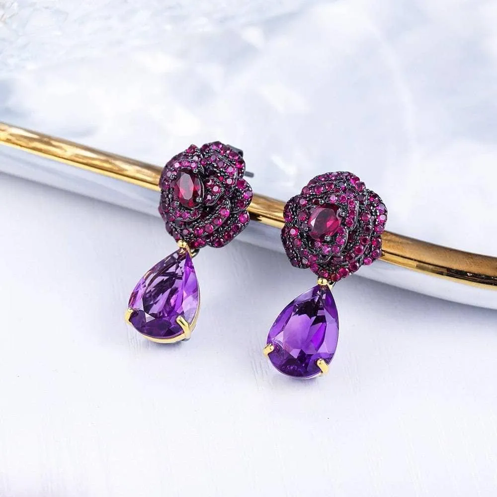 Flower Rose Natural Amethyst Jewelry Set