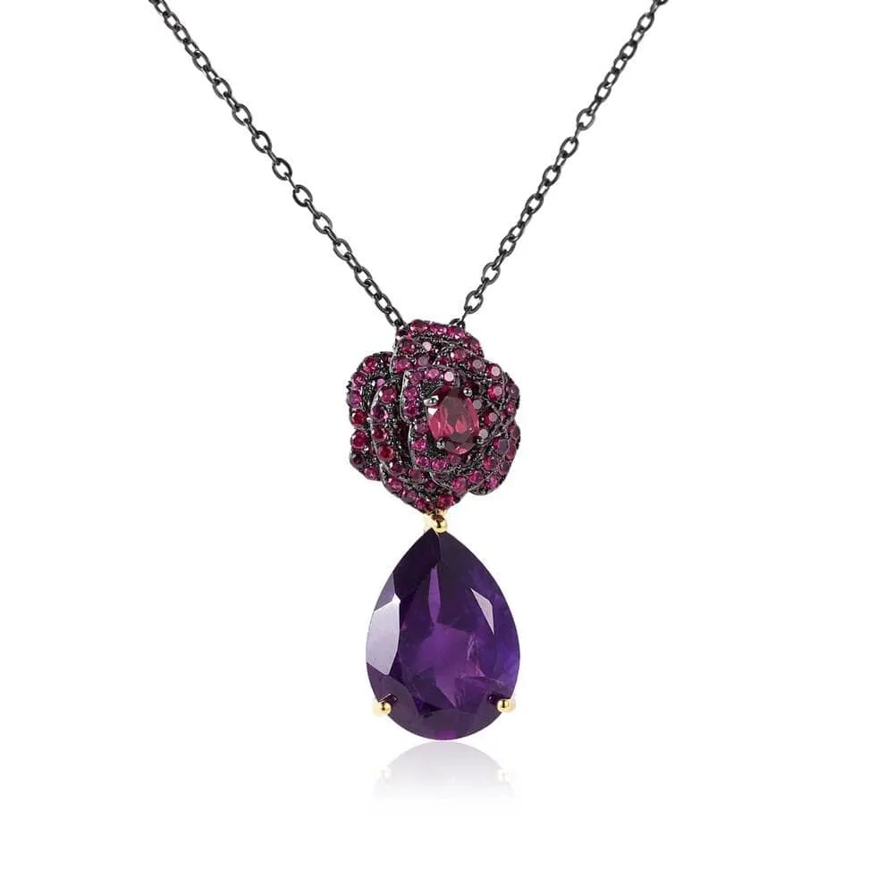 Flower Rose Natural Amethyst Jewelry Set