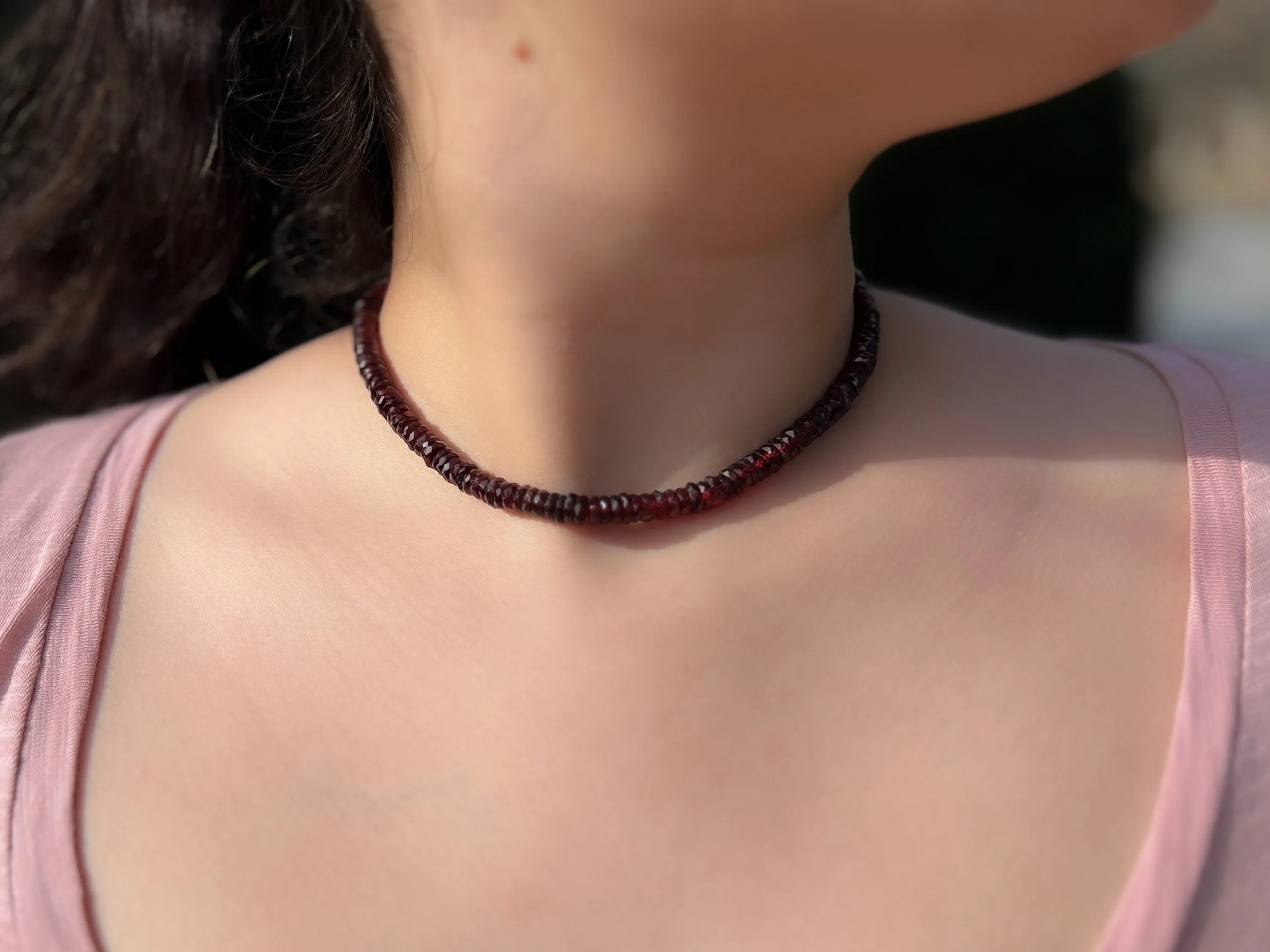 Garnet Heishi Necklace, Gemstone Choker Necklace, January Birthstone, Boho, Classic Style, Gift for Her, Handmade, Winter Jewelry, Mom Gift