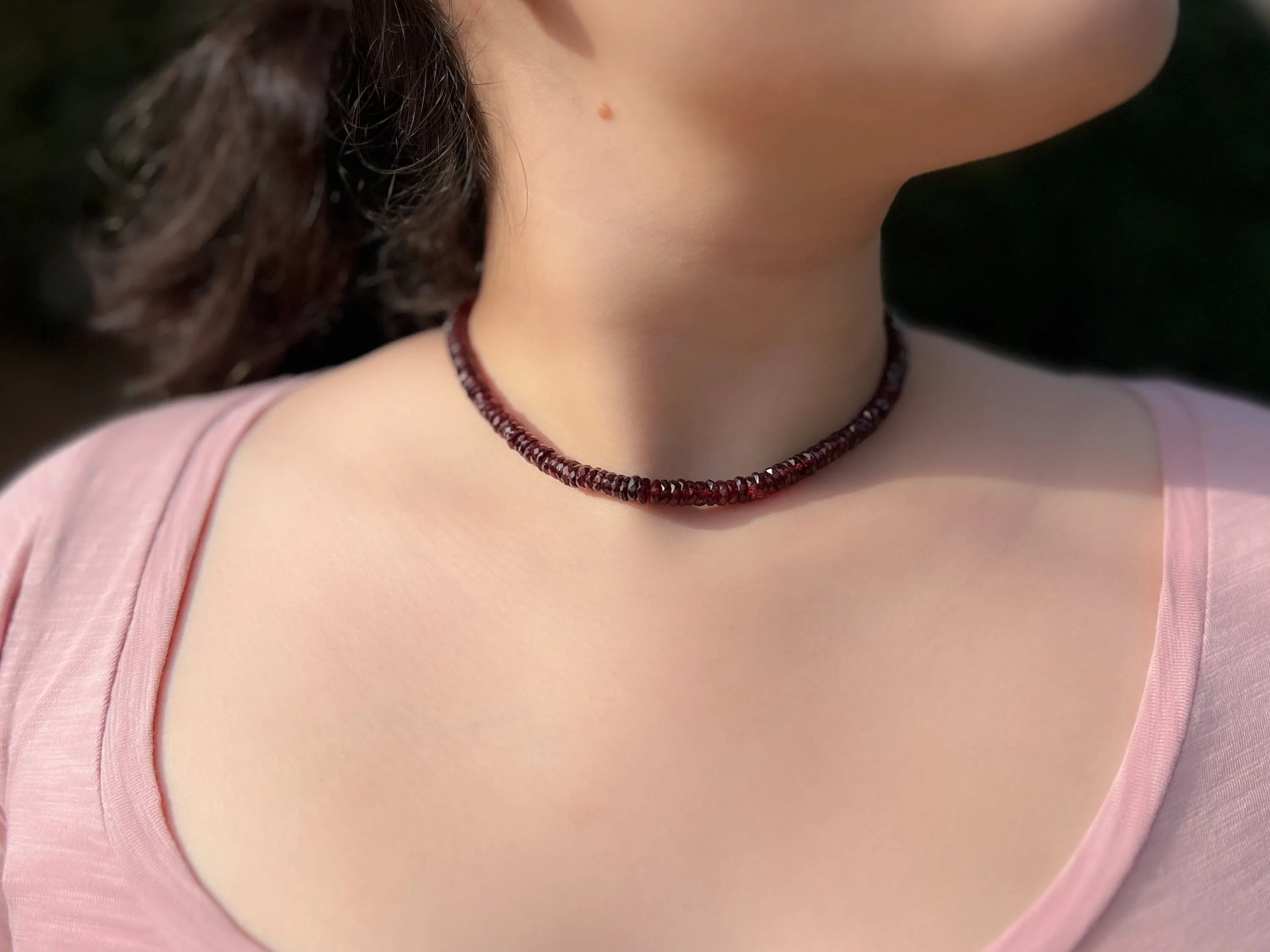 Garnet Heishi Necklace, Gemstone Choker Necklace, January Birthstone, Boho, Classic Style, Gift for Her, Handmade, Winter Jewelry, Mom Gift