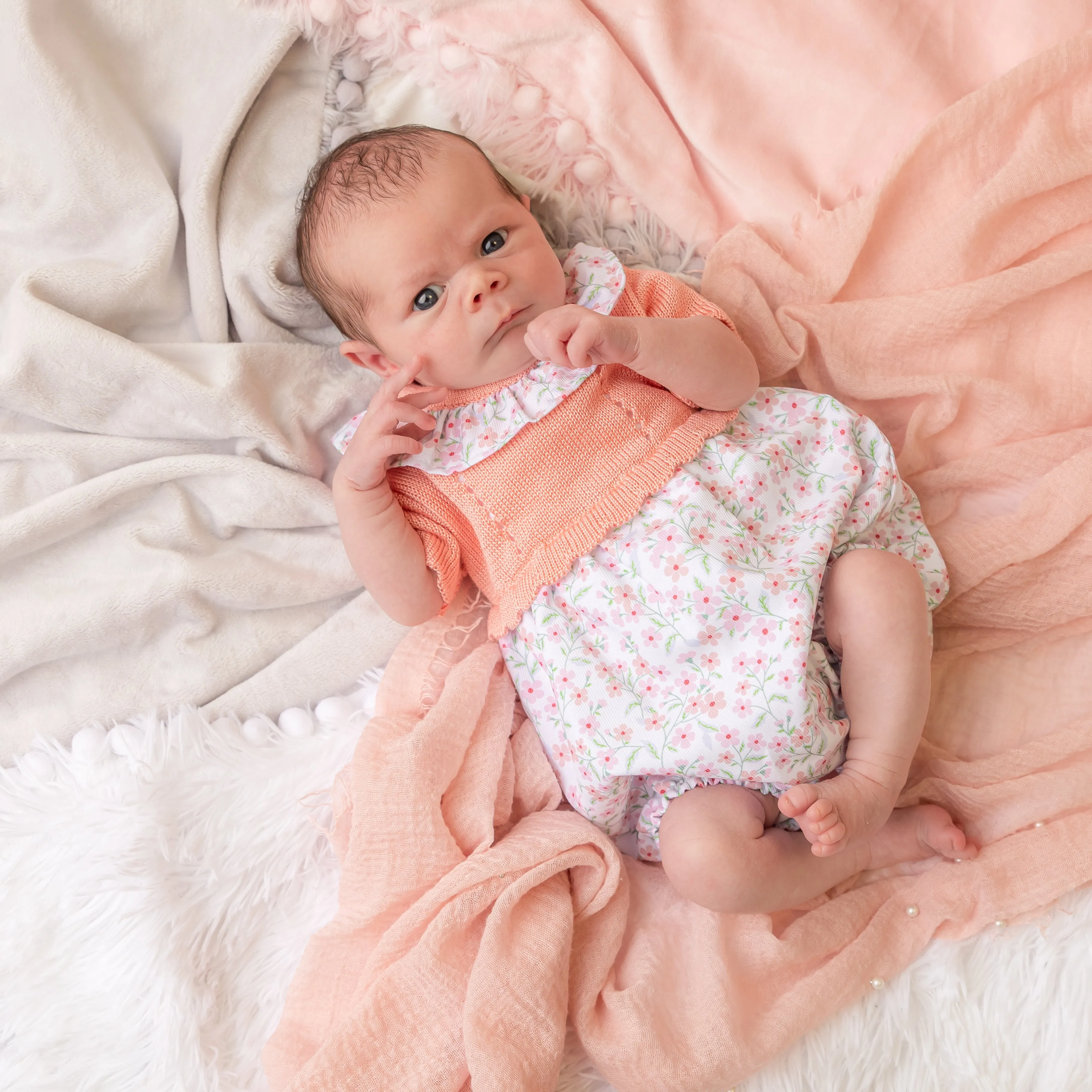 Girls Coral Pink Floral Bubble Romper