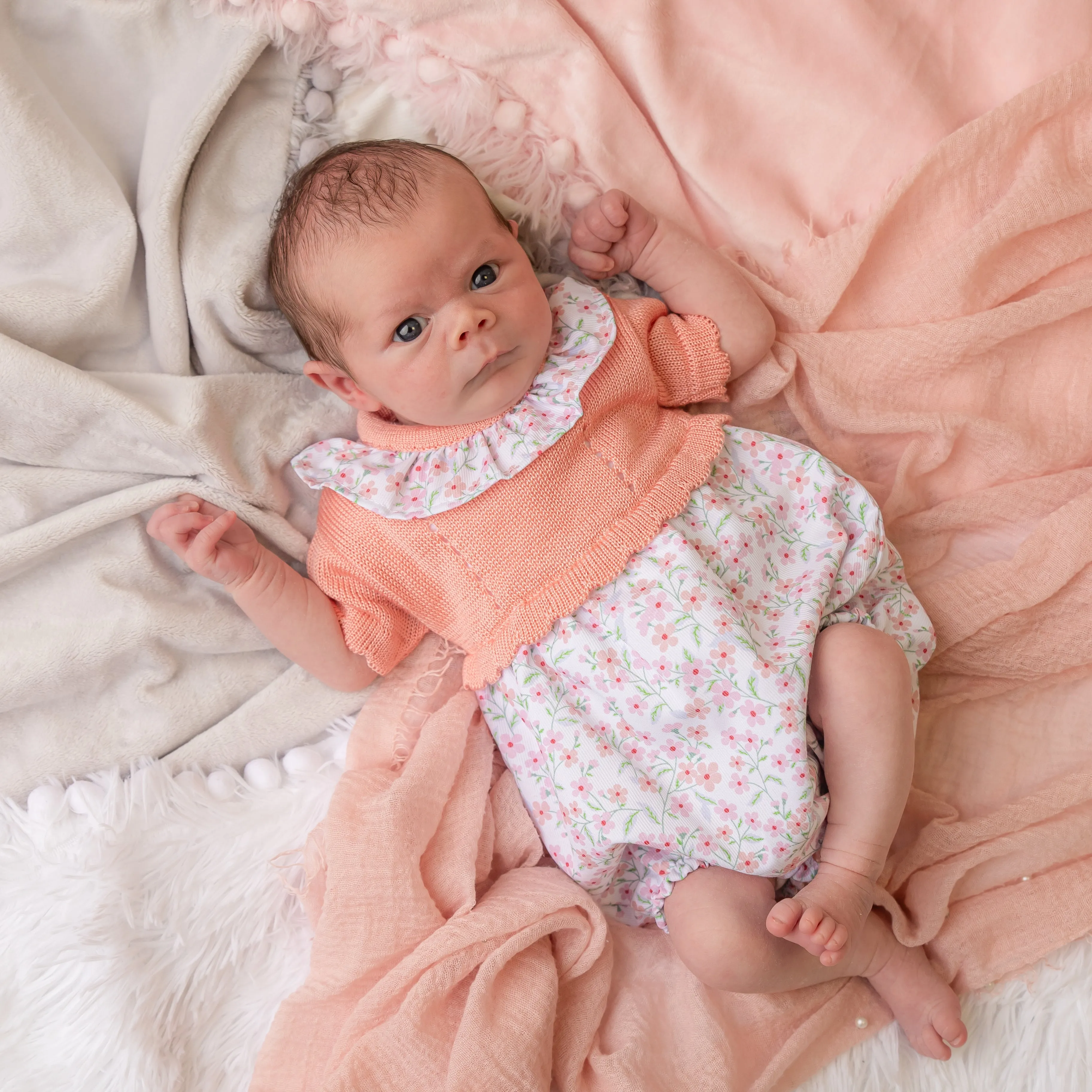 Girls Coral Pink Floral Bubble Romper
