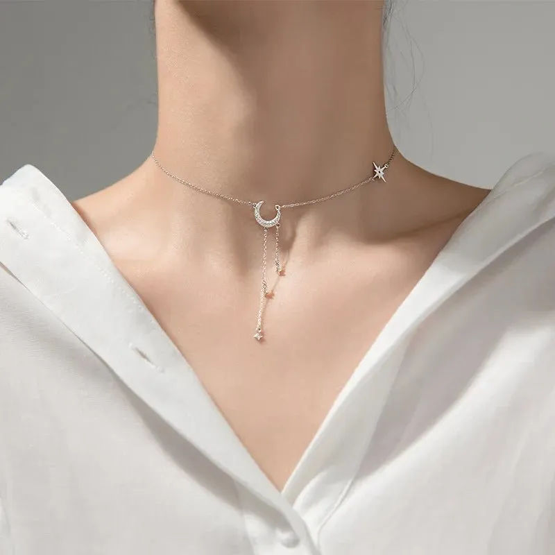 Gorgeous Moon Tassel Star Pendant Short Necklace