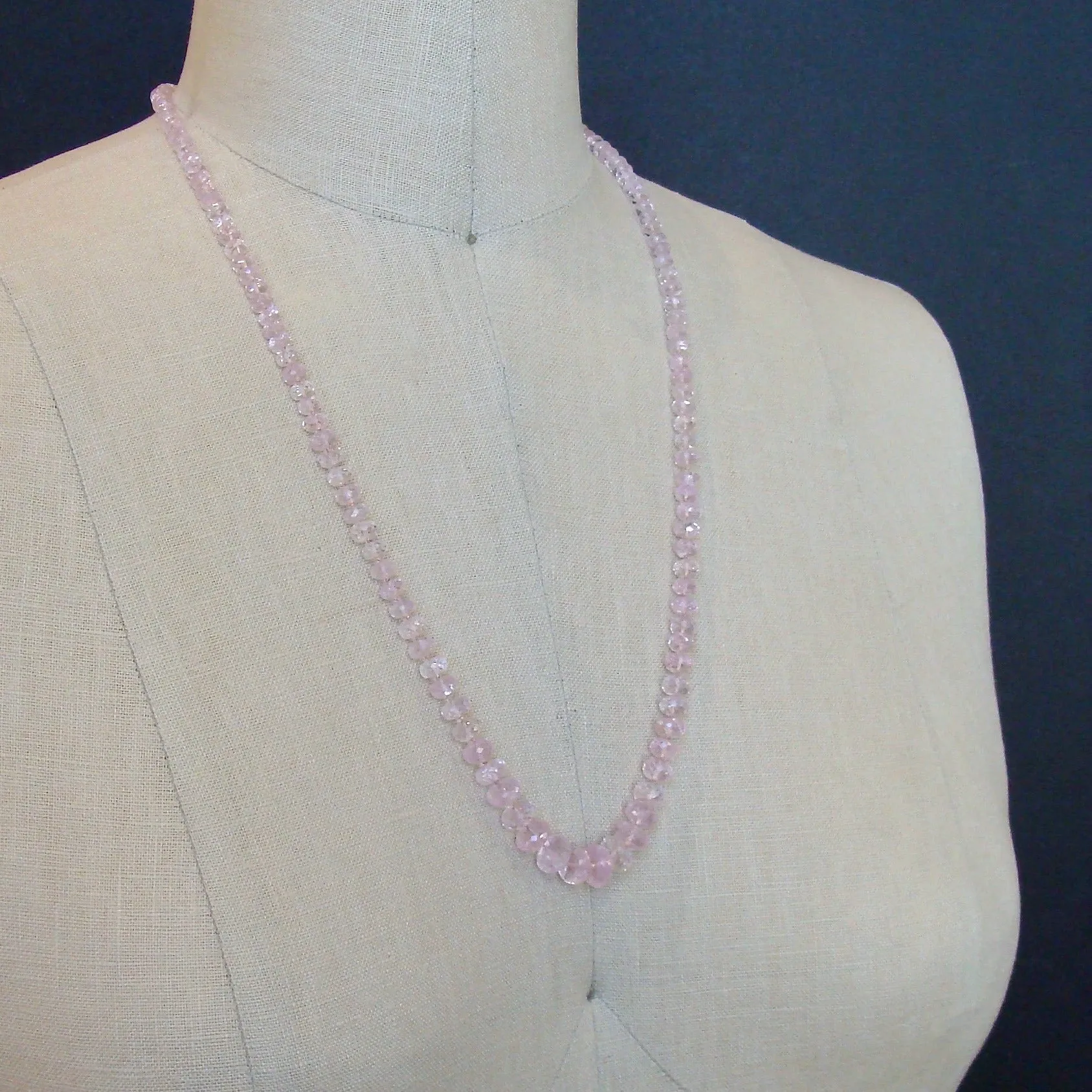 Graduated Pink Morganite Silk Knotted Opera Necklace With 14k Gold Diamond Clasp - Peony Necklace