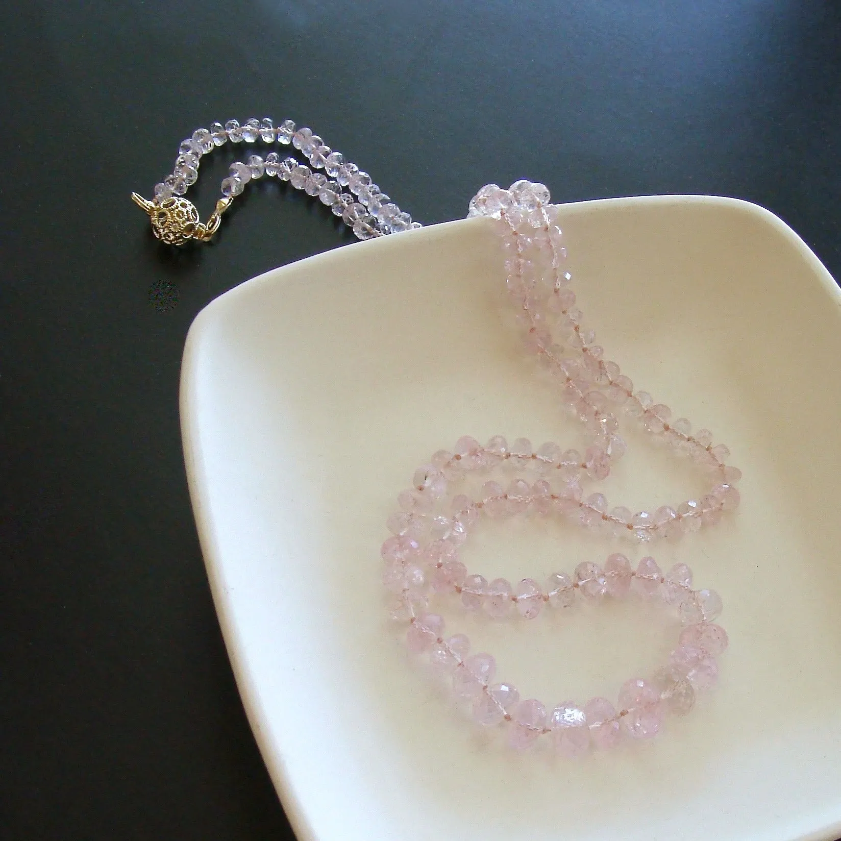 Graduated Pink Morganite Silk Knotted Opera Necklace With 14k Gold Diamond Clasp - Peony Necklace