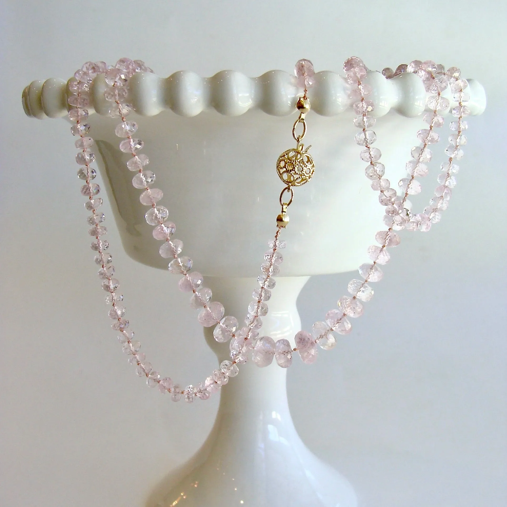 Graduated Pink Morganite Silk Knotted Opera Necklace With 14k Gold Diamond Clasp - Peony Necklace