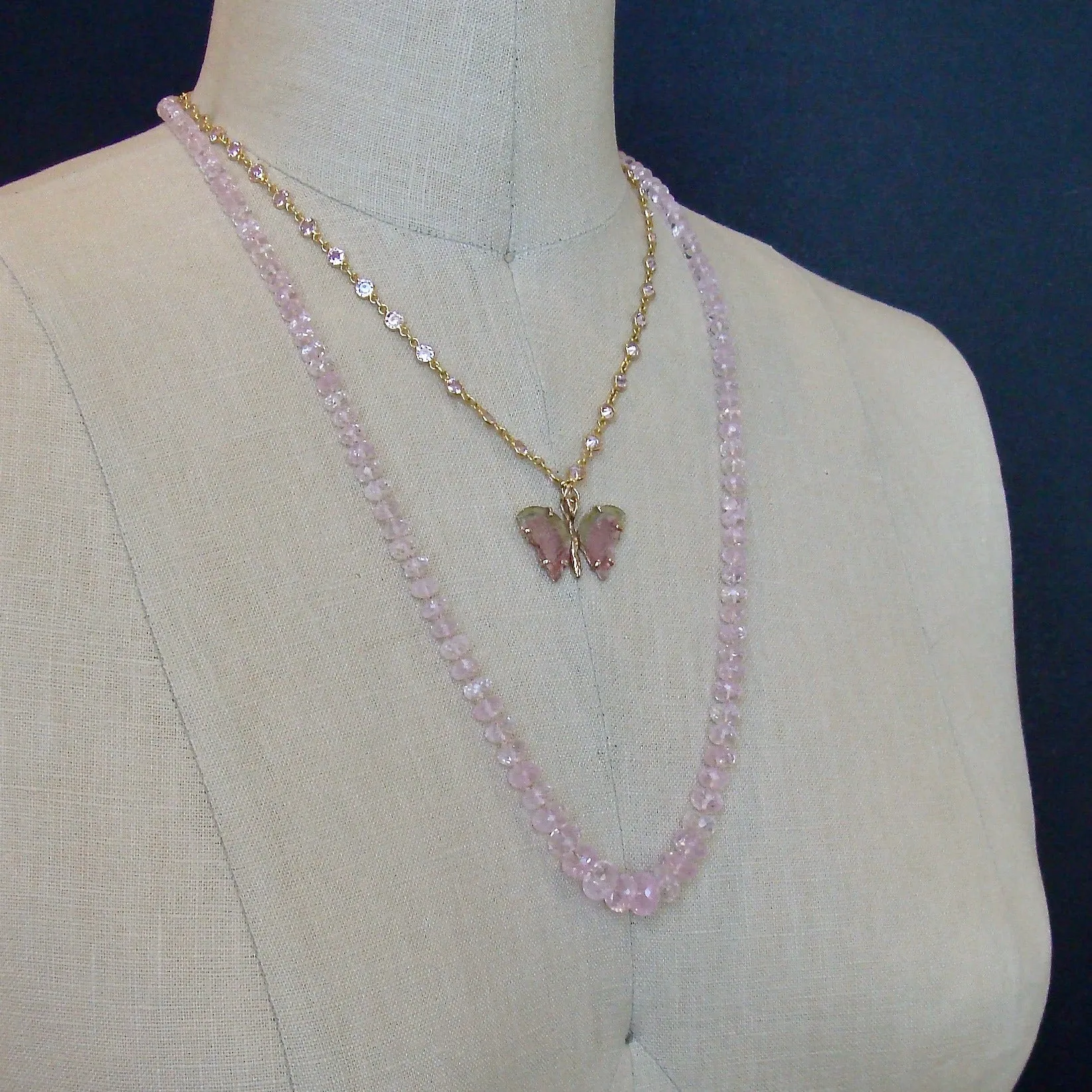 Graduated Pink Morganite Silk Knotted Opera Necklace With 14k Gold Diamond Clasp - Peony Necklace