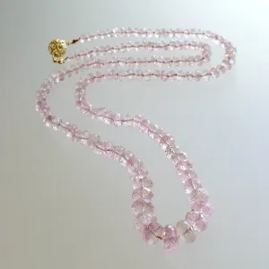 Graduated Pink Morganite Silk Knotted Opera Necklace With 14k Gold Diamond Clasp - Peony Necklace