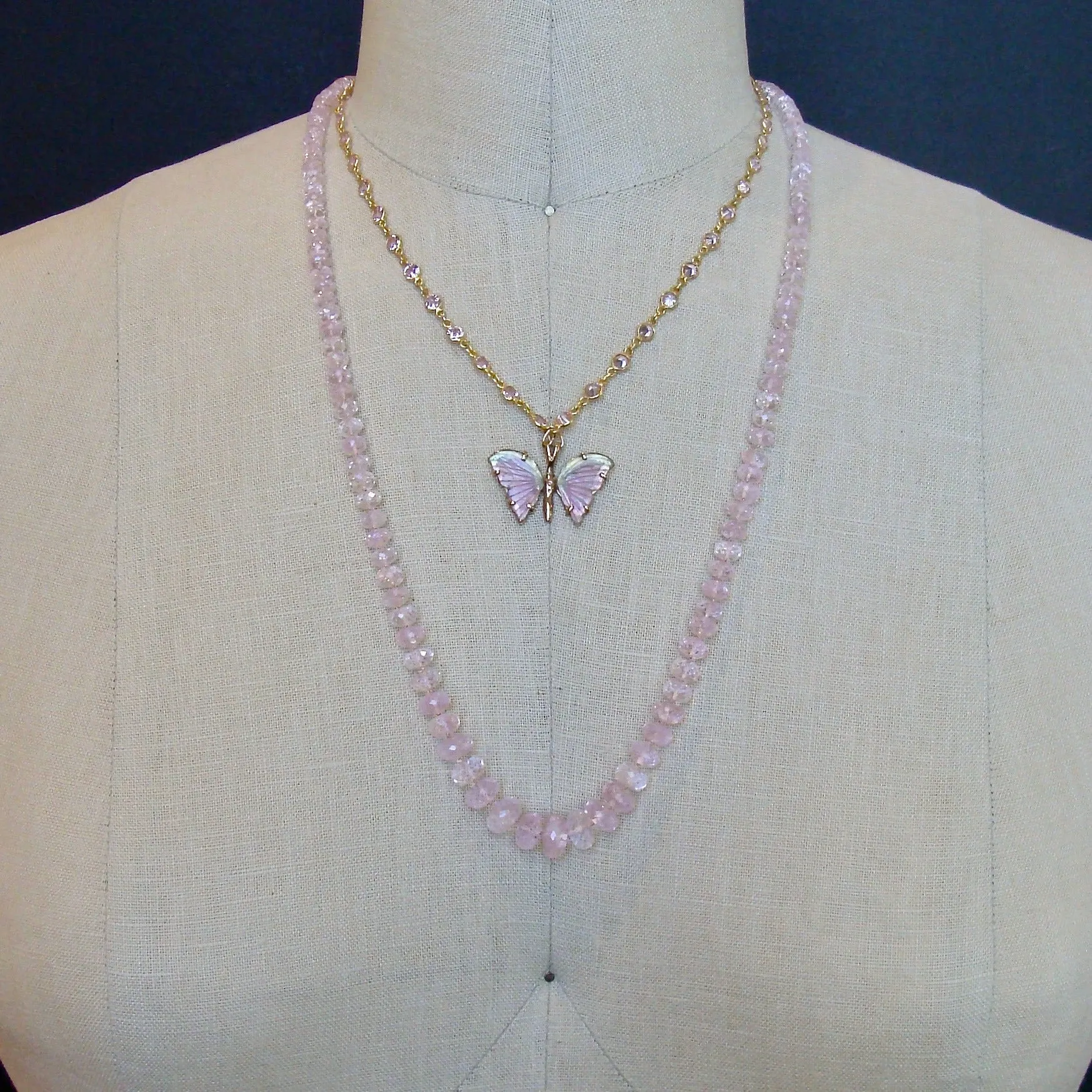 Graduated Pink Morganite Silk Knotted Opera Necklace With 14k Gold Diamond Clasp - Peony Necklace