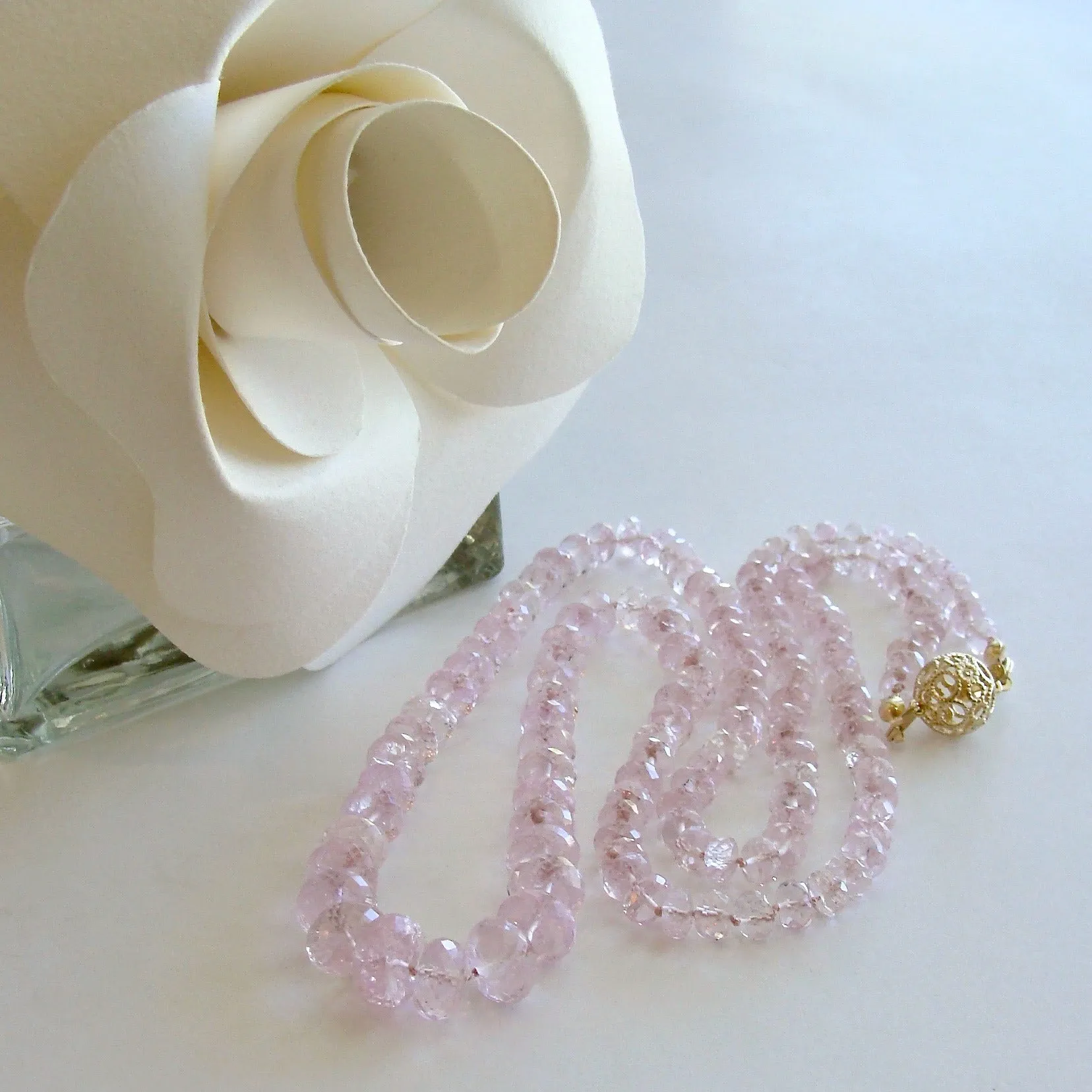 Graduated Pink Morganite Silk Knotted Opera Necklace With 14k Gold Diamond Clasp - Peony Necklace