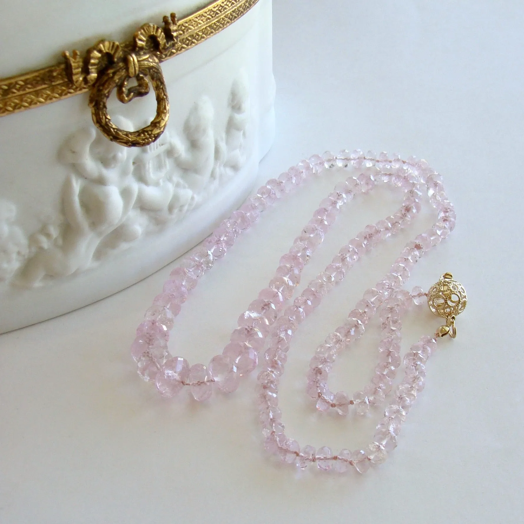 Graduated Pink Morganite Silk Knotted Opera Necklace With 14k Gold Diamond Clasp - Peony Necklace