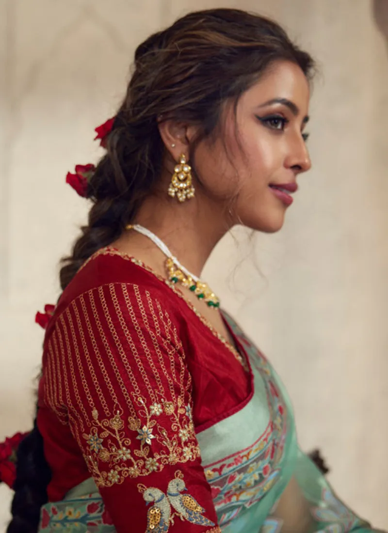 Green And Red Traditional Embroidery Organza Silk Saree