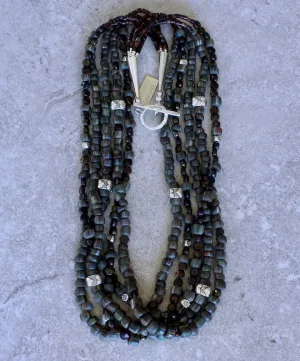 Green Glass Trade Bead 5-Strand Necklace with Bronze Czechoslovakian Nailheads, Pen Shell Heishi and Sterling Silver