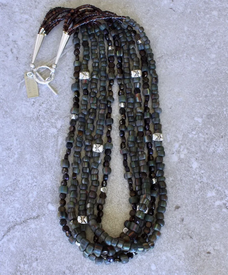 Green Glass Trade Bead 5-Strand Necklace with Bronze Czechoslovakian Nailheads, Pen Shell Heishi and Sterling Silver