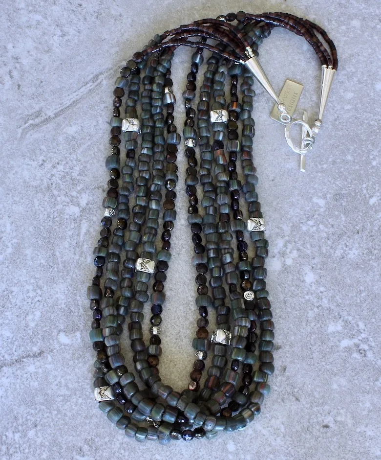 Green Glass Trade Bead 5-Strand Necklace with Bronze Czechoslovakian Nailheads, Pen Shell Heishi and Sterling Silver
