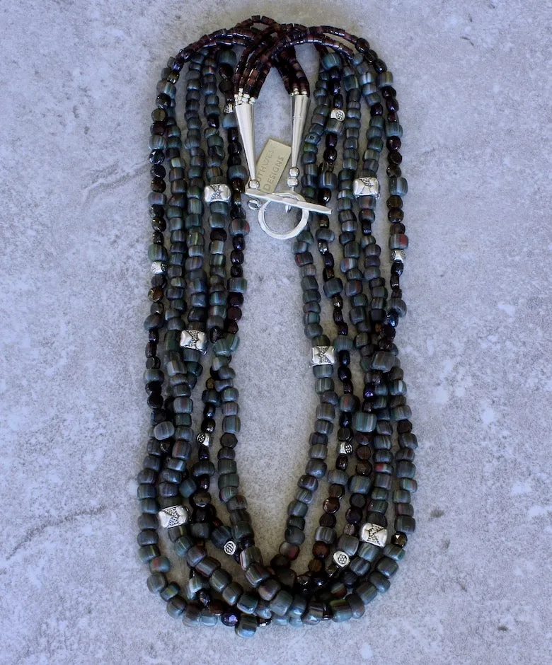 Green Glass Trade Bead 5-Strand Necklace with Bronze Czechoslovakian Nailheads, Pen Shell Heishi and Sterling Silver