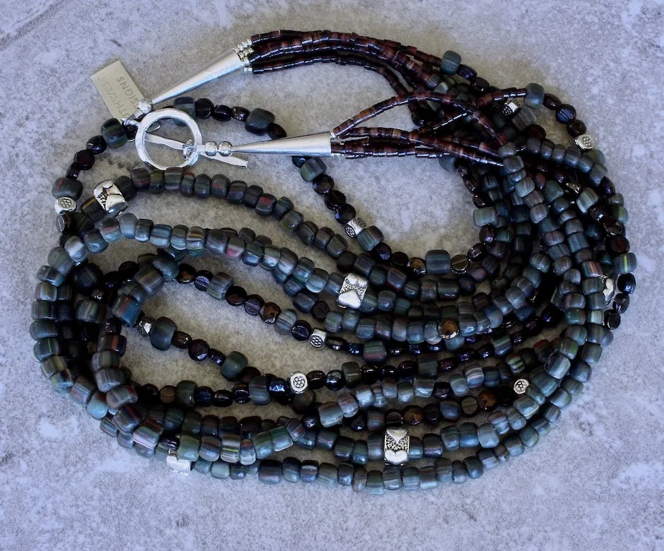 Green Glass Trade Bead 5-Strand Necklace with Bronze Czechoslovakian Nailheads, Pen Shell Heishi and Sterling Silver