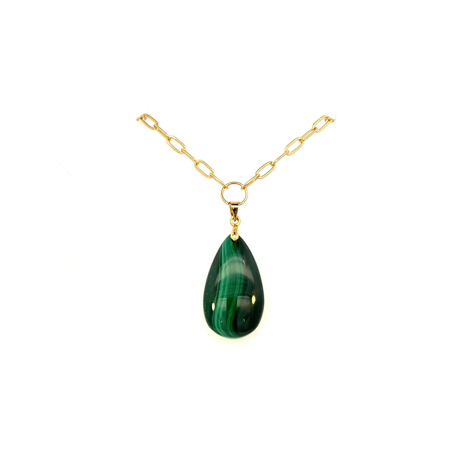 Green Malachite Pendant Necklace Paperclip Chain Gold