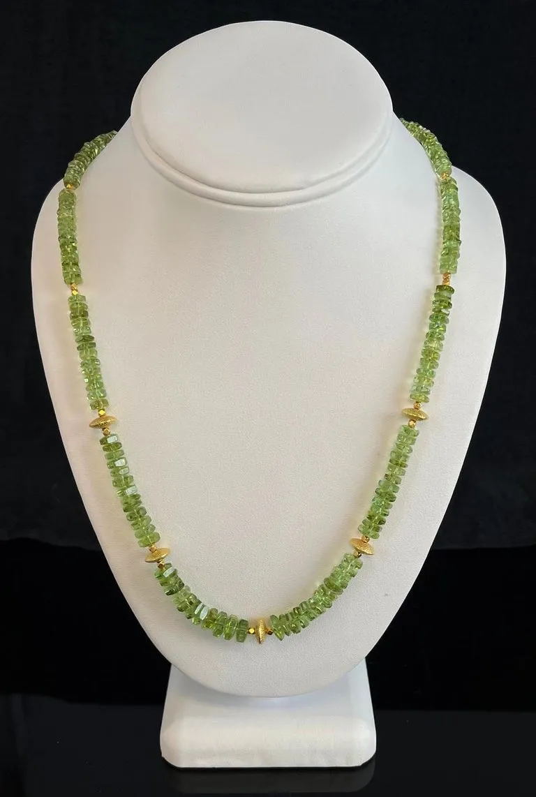 Green Tourmaline Beaded Necklace with 18k Yellow Gold, Adjustable Length