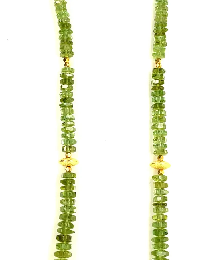 Green Tourmaline Beaded Necklace with 18k Yellow Gold, Adjustable Length