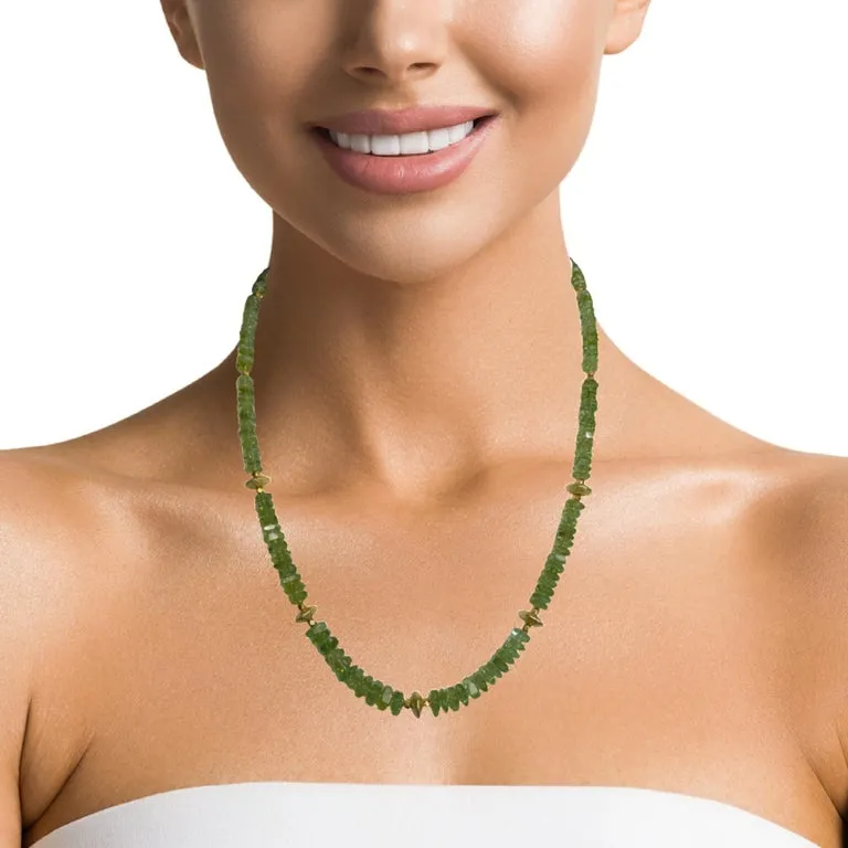 Green Tourmaline Beaded Necklace with 18k Yellow Gold, Adjustable Length