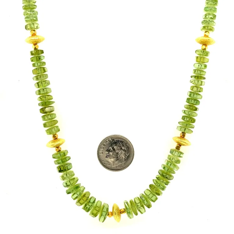 Green Tourmaline Beaded Necklace with 18k Yellow Gold, Adjustable Length