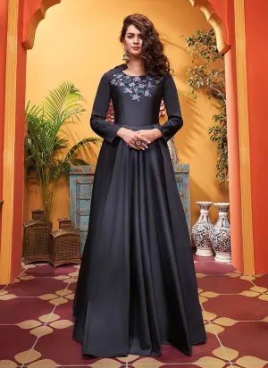 Grey Black Embroidered Art Silk Gown