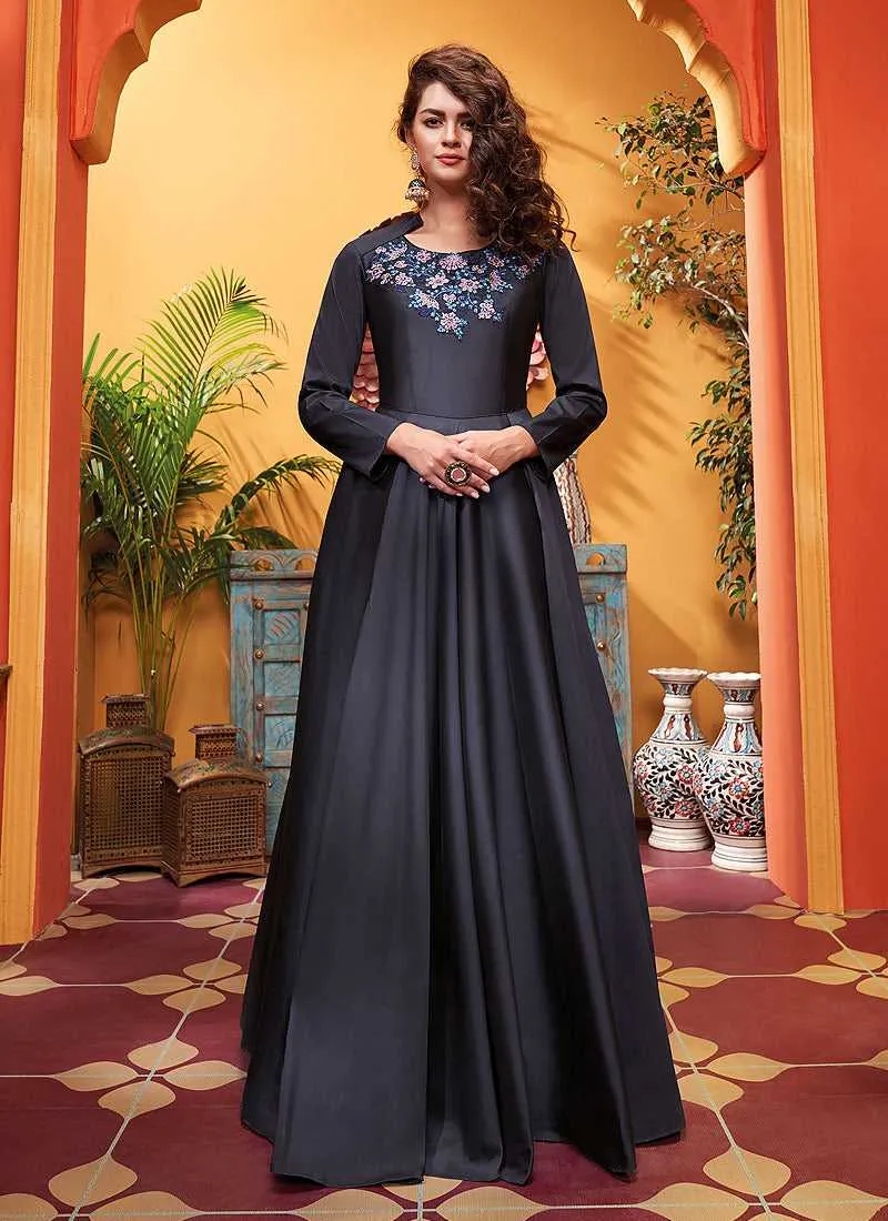 Grey Black Embroidered Art Silk Gown