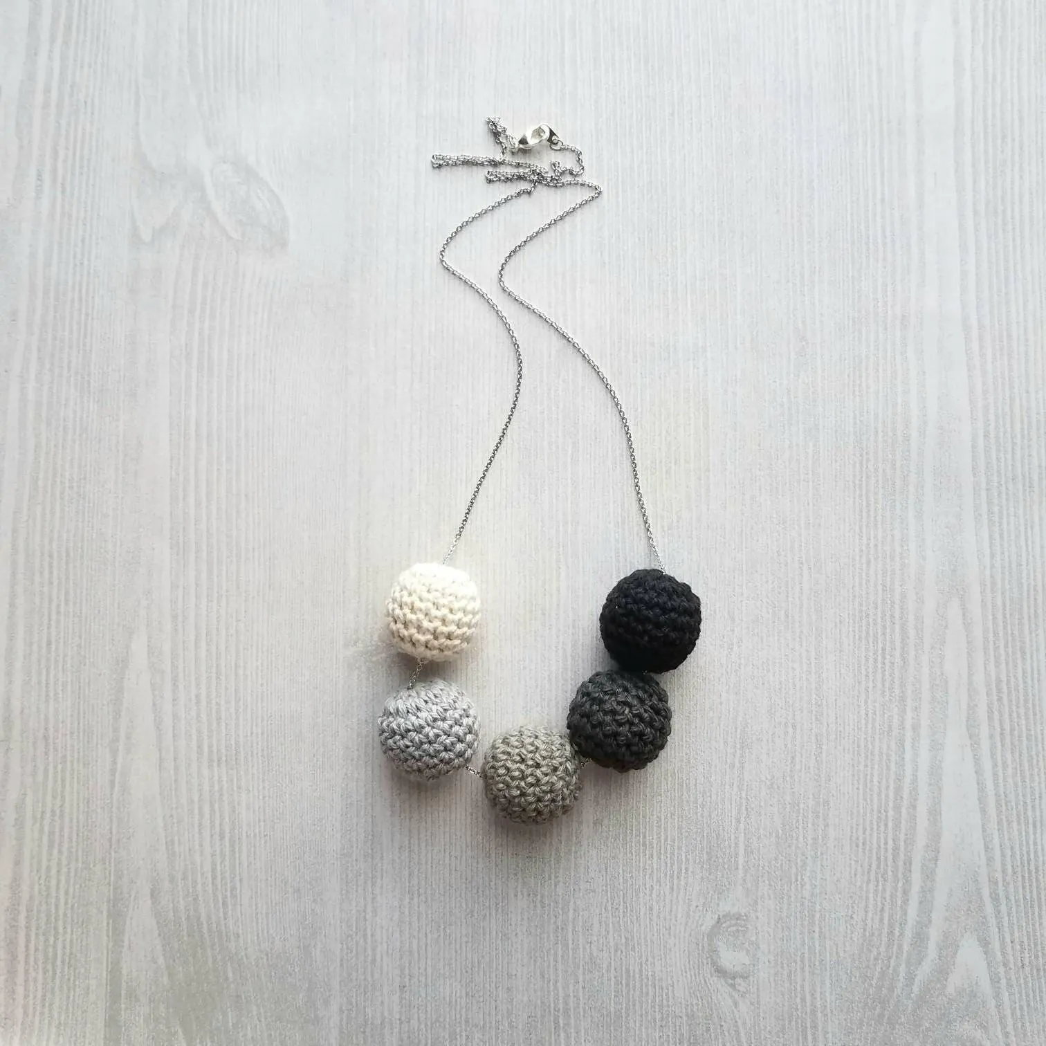 Grey Knit Necklace - crochet wood bead shaded ombre hue gray/vanilla cream/black - neutral trendy jewelry - fine silver rhodium plating