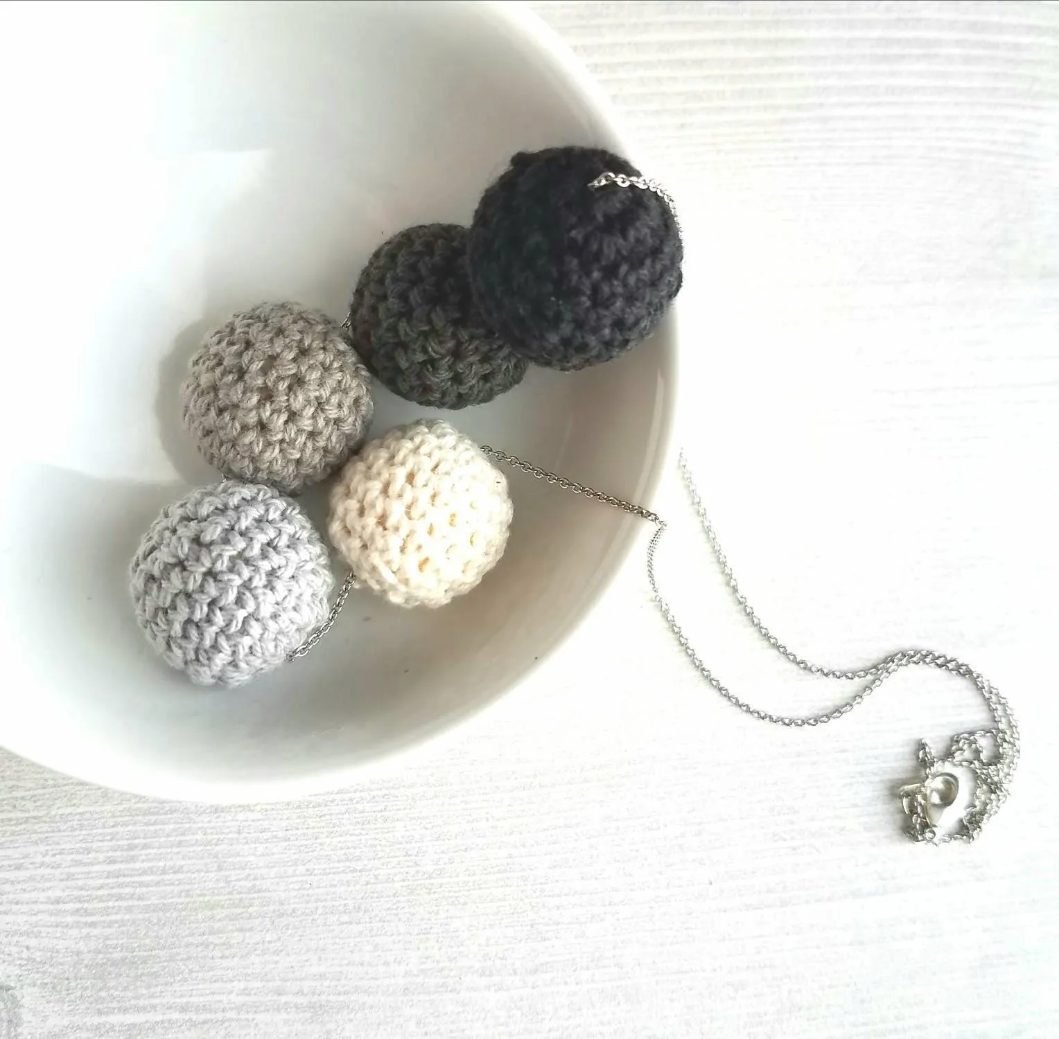 Grey Knit Necklace - crochet wood bead shaded ombre hue gray/vanilla cream/black - neutral trendy jewelry - fine silver rhodium plating