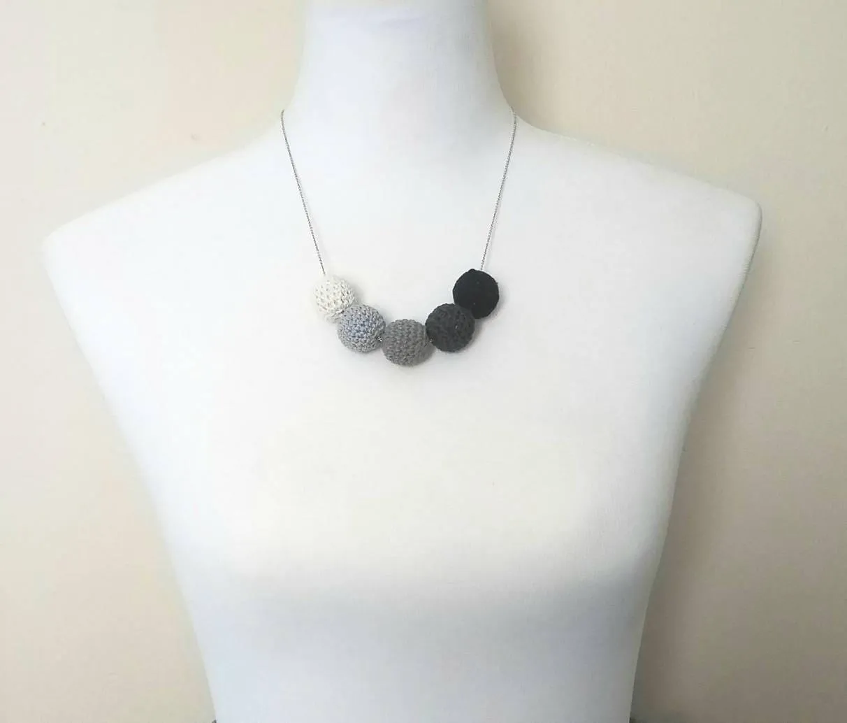 Grey Knit Necklace - crochet wood bead shaded ombre hue gray/vanilla cream/black - neutral trendy jewelry - fine silver rhodium plating