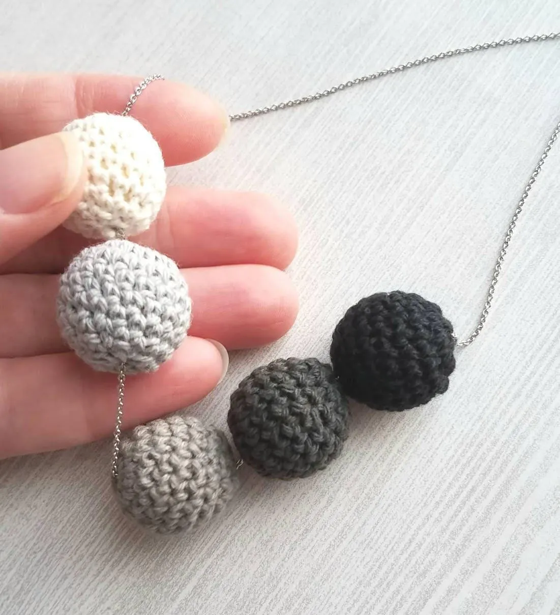 Grey Knit Necklace - crochet wood bead shaded ombre hue gray/vanilla cream/black - neutral trendy jewelry - fine silver rhodium plating