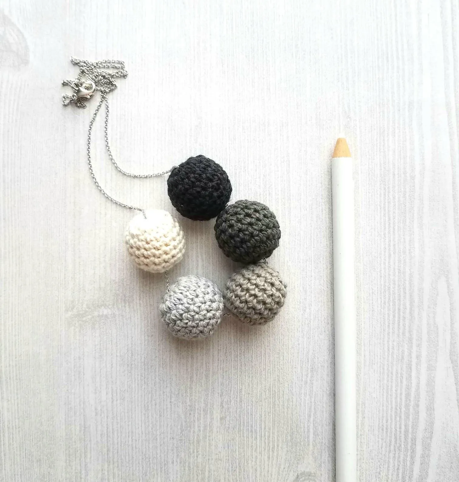 Grey Knit Necklace - crochet wood bead shaded ombre hue gray/vanilla cream/black - neutral trendy jewelry - fine silver rhodium plating