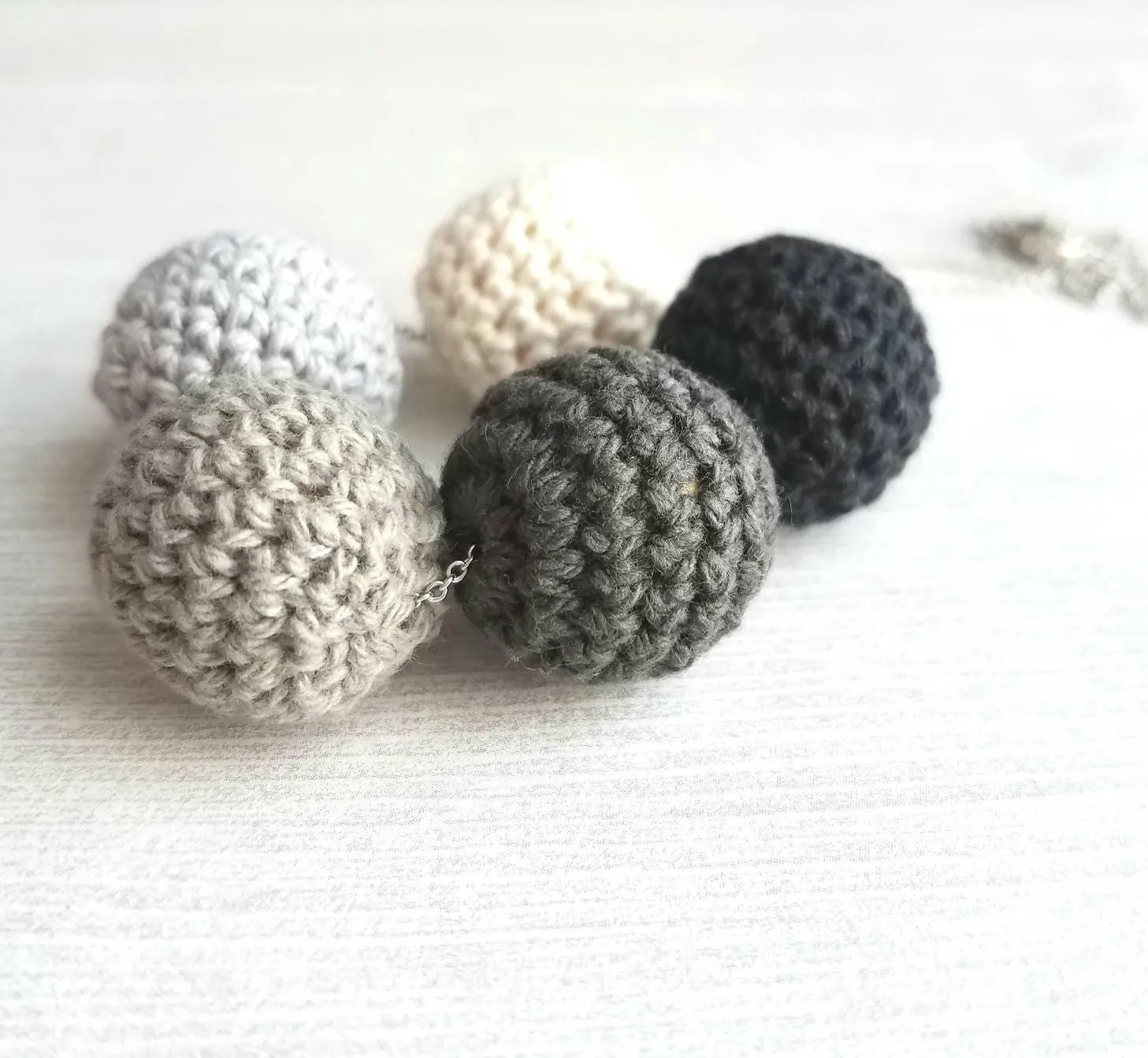 Grey Knit Necklace - crochet wood bead shaded ombre hue gray/vanilla cream/black - neutral trendy jewelry - fine silver rhodium plating