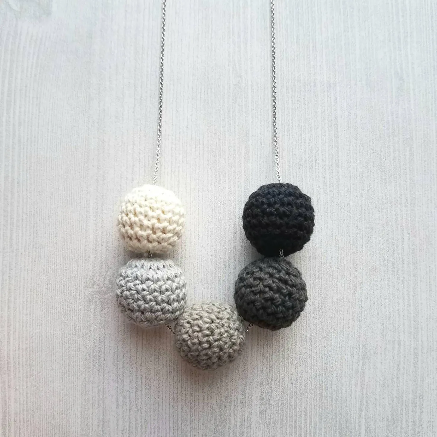 Grey Knit Necklace - crochet wood bead shaded ombre hue gray/vanilla cream/black - neutral trendy jewelry - fine silver rhodium plating