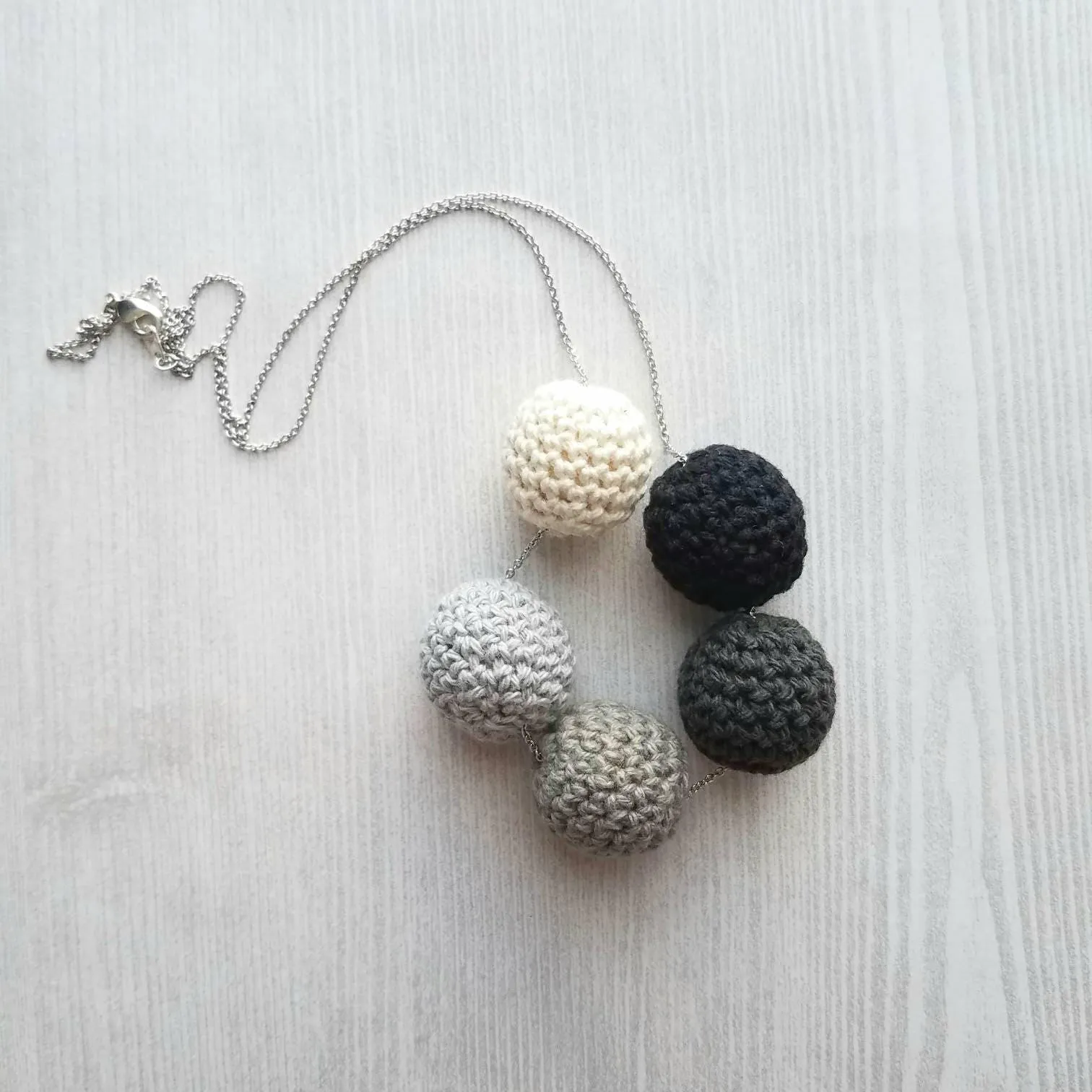 Grey Knit Necklace - crochet wood bead shaded ombre hue gray/vanilla cream/black - neutral trendy jewelry - fine silver rhodium plating