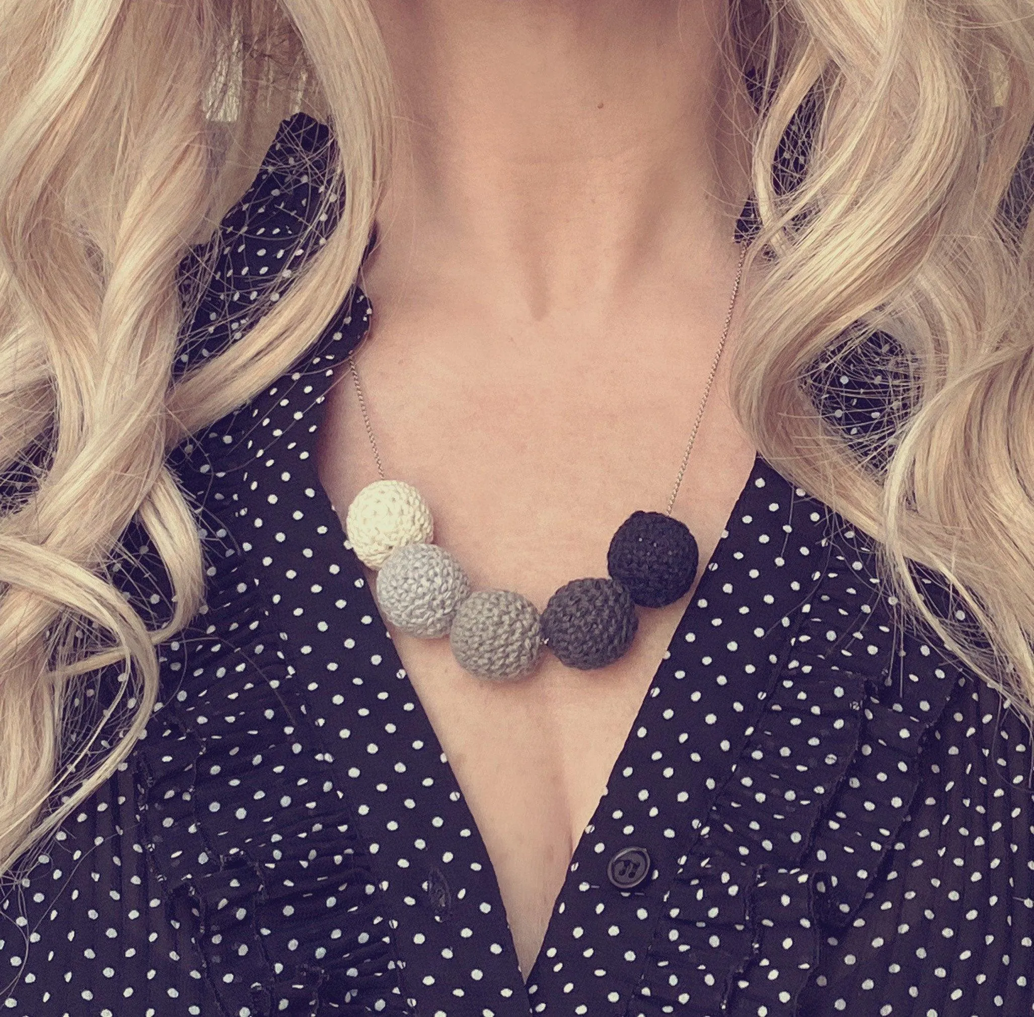 Grey Knit Necklace - crochet wood bead shaded ombre hue gray/vanilla cream/black - neutral trendy jewelry - fine silver rhodium plating