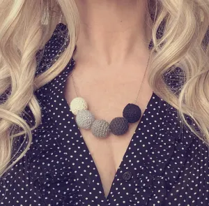 Grey Knit Necklace - crochet wood bead shaded ombre hue gray/vanilla cream/black - neutral trendy jewelry - fine silver rhodium plating