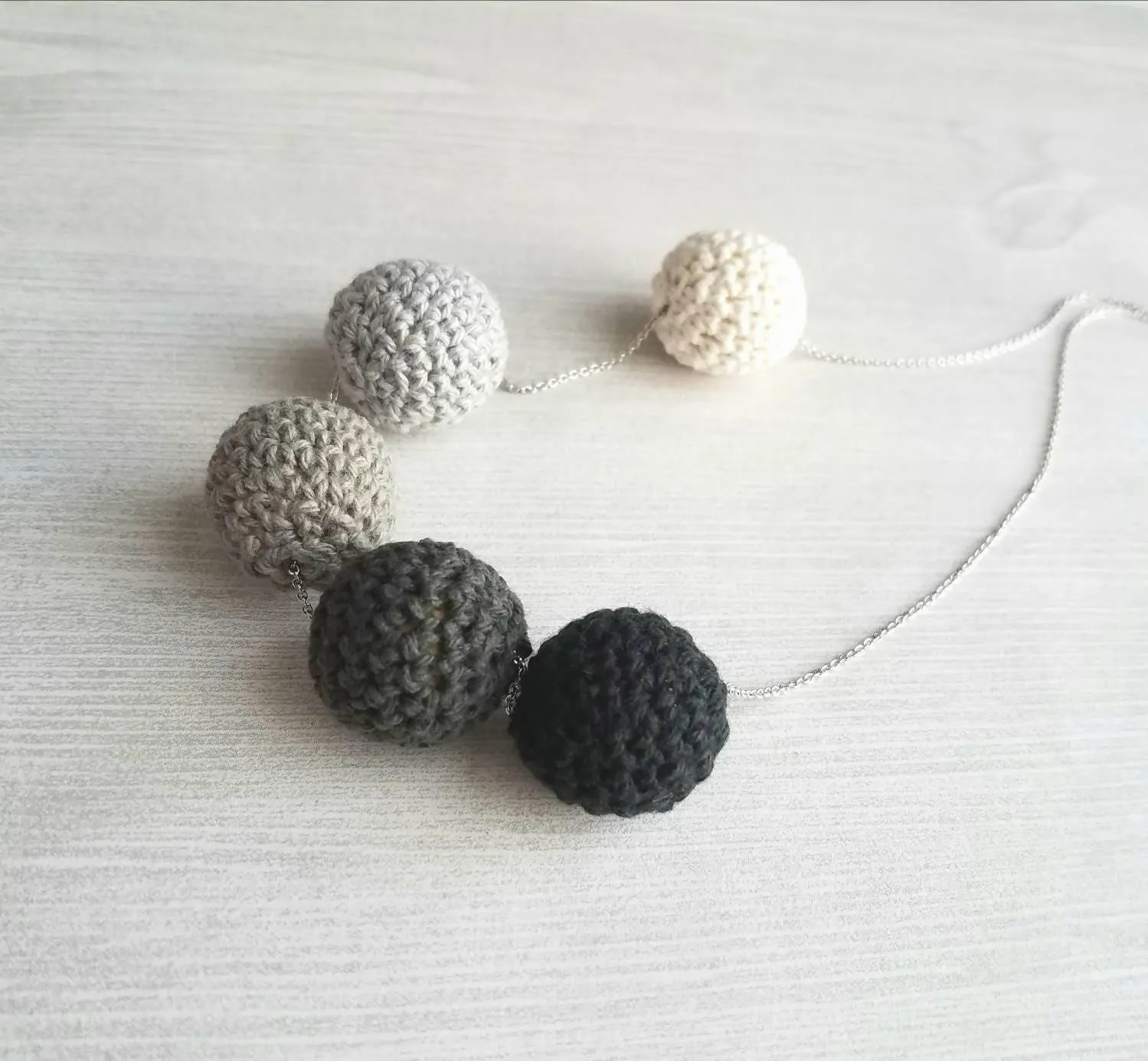 Grey Knit Necklace - crochet wood bead shaded ombre hue gray/vanilla cream/black - neutral trendy jewelry - fine silver rhodium plating