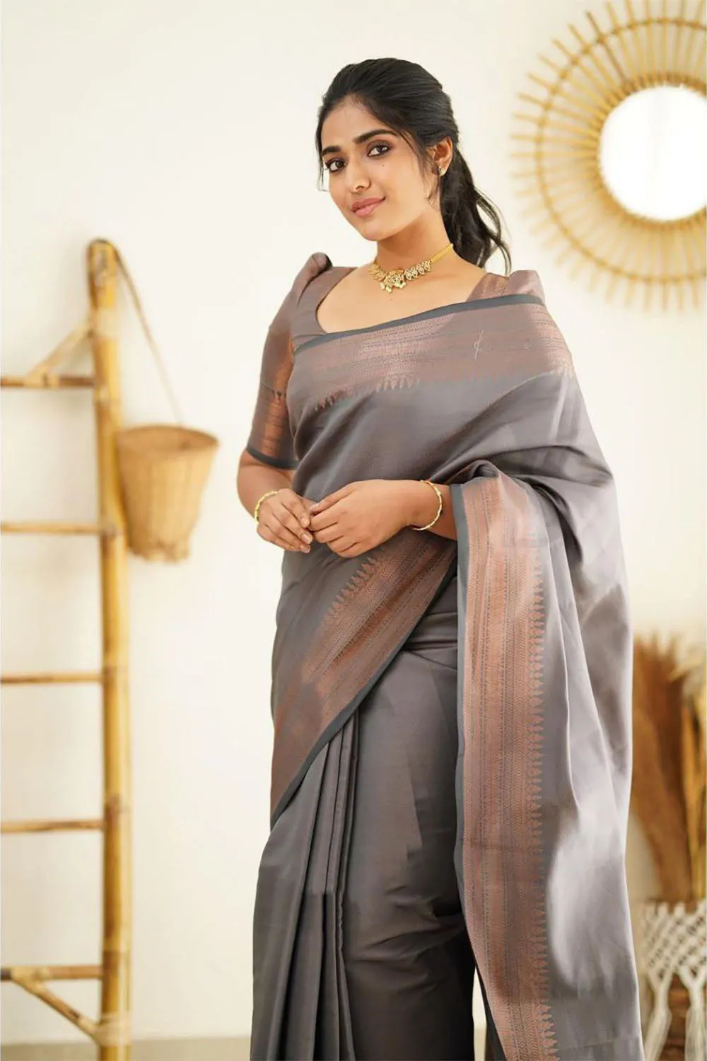 Grey Soft Silk Saree With Zari Weaving Work