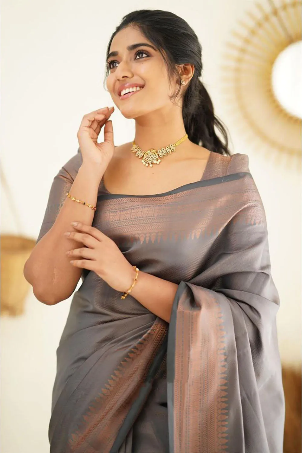 Grey Soft Silk Saree With Zari Weaving Work