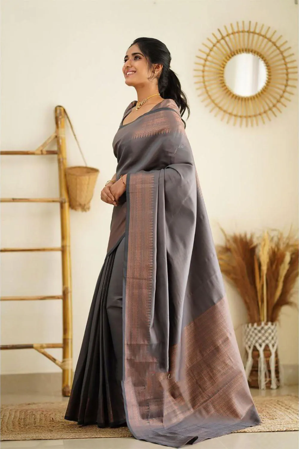 Grey Soft Silk Saree With Zari Weaving Work