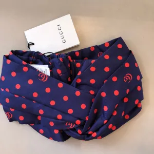 Gucci Navy Headband with Red Polka Dots and Interlocking GG